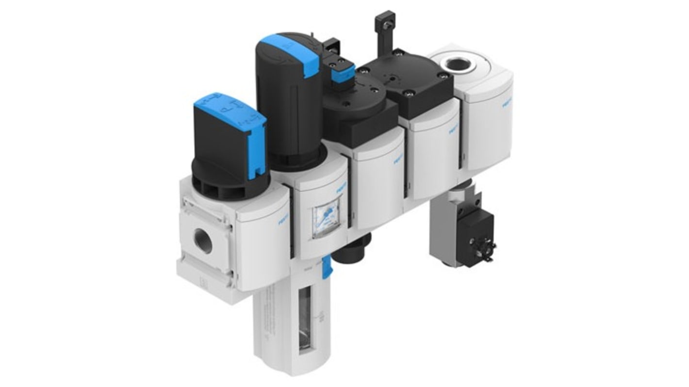 Gruppo FRL Festo MSB6-1/2:C3J4D1A1F3-WP con attacco G 1/2, manometro integrato e filtrazione 5μm.