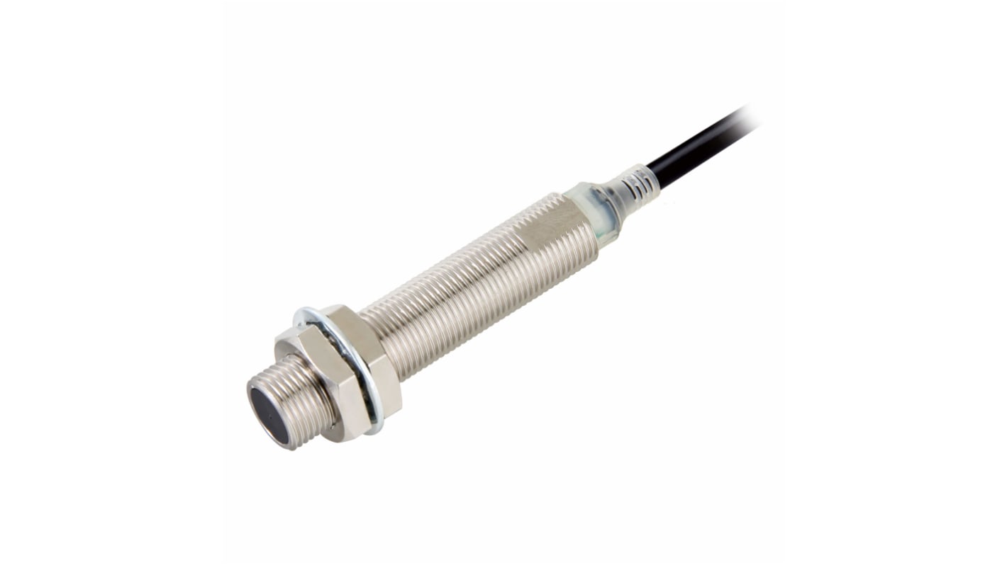 Sensore di prossimità cilindrico PNP M12 Omron E2E-X4B3DL12 2M, tecnologia induttiva, rilevamento 4 mm, grado di protezione IP67.