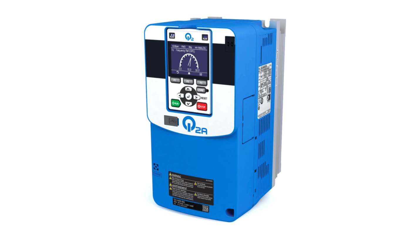 Inverter Omron Q2A-A4007-AAA, 3 fasi, potenza 2,2 kW, 400 V, corrente 7,1 A, frequenza max 590 Hz, grado di protezione IP20.