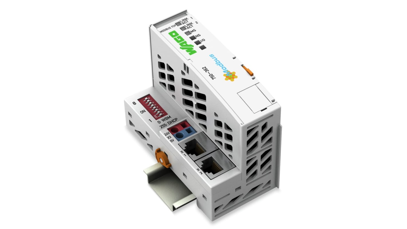 Modulo di comunicazione Wago 750-362-1, accoppiatore Modbus TCP con due ingressi digitali, alimentazione 24 V.
