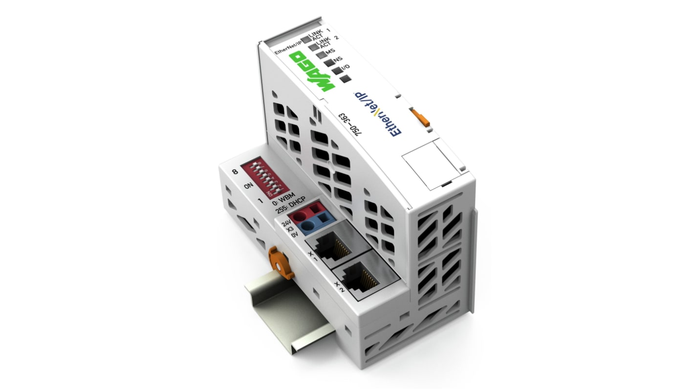 Modulo di comunicazione Wago 750-363-1 per EtherNet/IP, con 2 ingressi digitali e alimentazione 24 V.