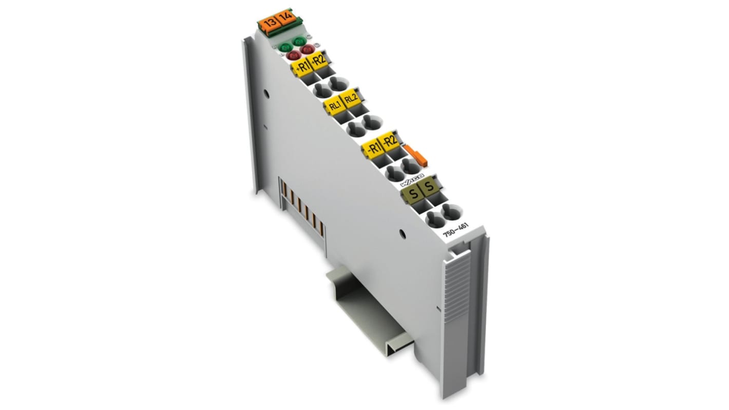 Modulo I/O Wago 750-461-1 per ingresso analogico a 2 canali, montaggio su guida DIN, dimensioni 100 x 69,8 mm.