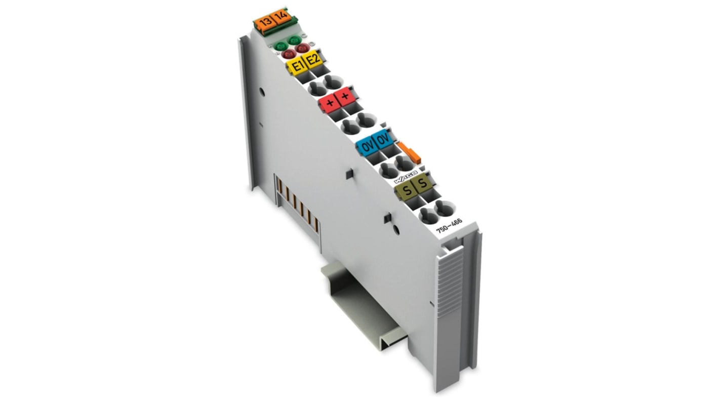 Modulo I/O Wago 750-466-1, ingresso analogico 2 canali, segnale 4-20 mA, montaggio su guida DIN, colore grigio chiaro.