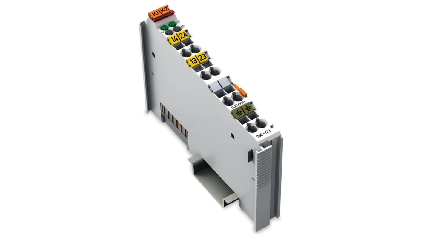 Modulo I/O Wago 750-513-1 per automazione, 2 ingressi digitali, uscita relè 250 V CA, 2 canali, LED stato.