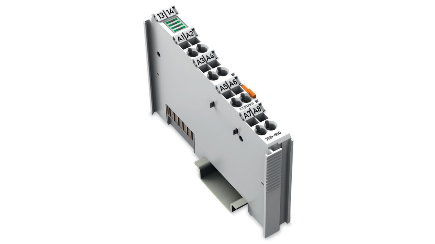 Modulo I/O Wago 750-530-1, 8 ingressi digitali, alimentazione 24 VDC, larghezza 12 mm, protezione cortocircuito.
