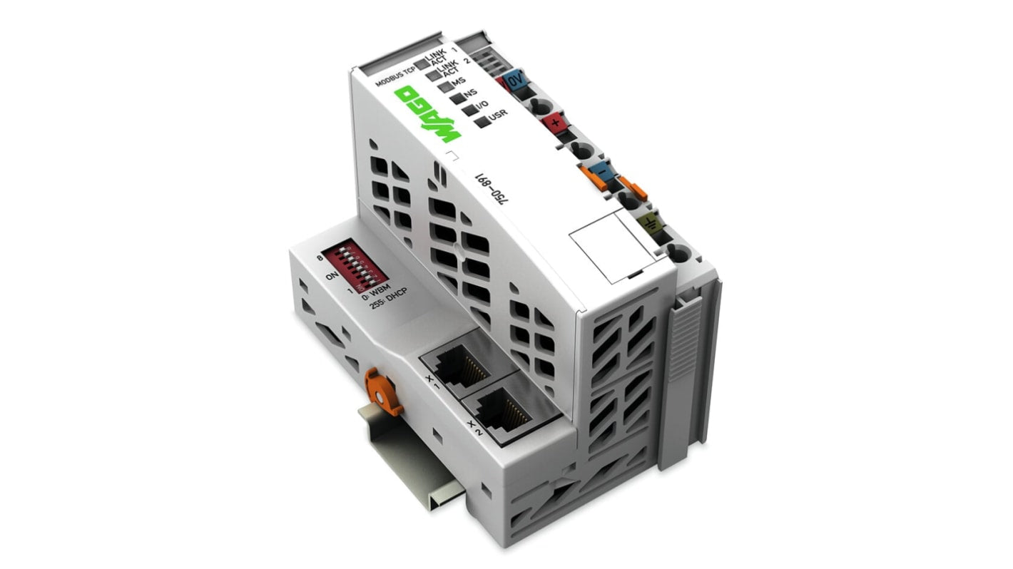 Modulo di comunicazione Wago 750-891-1, controllore Modbus TCP, 2 ingressi digitali, alimentazione 24 V.