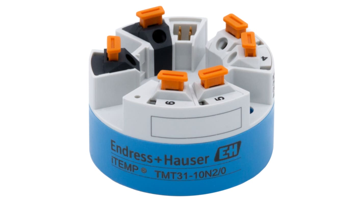 Trasmettitore di temperatura Endress+Hauser TMT31-1LK7/115, ingresso PT100, uscita 4-20 mA, range -200°C a 850°C.