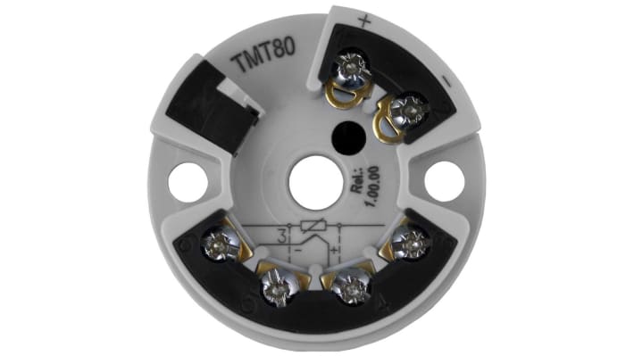 Trasmettitore di temperatura Endress+Hauser TMT80-1628/115, ingresso PT100, uscita 4-20 mA, range -200°C a 850°C.