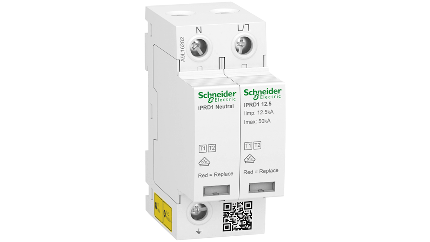 Scaricatore di sovratensione Acti9 di Schneider Electric, 50 kA, 350V, montaggio a clip, design compatto, segnalazione remota.