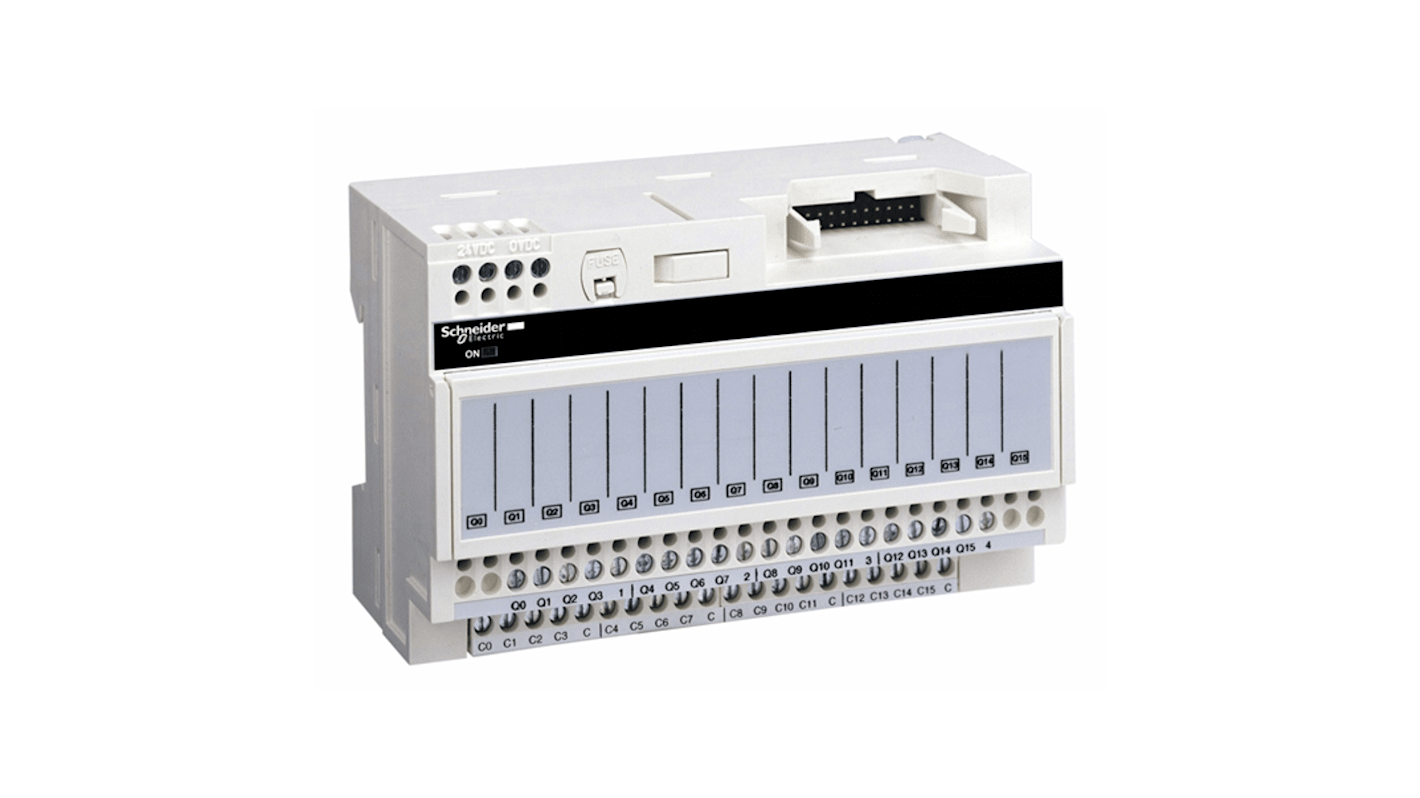 Modulo relè Schneider Electric ABE7P16T111 con 16 ingressi, alimentazione 19-30 V, design compatto e terminali a vite.