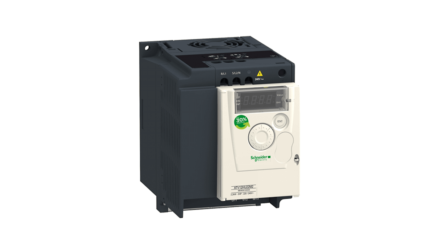 Avviatore a velocità variabile Schneider Electric ATV12HU22M2X, potenza 2,2 kW, 10 A, 240 V, progettato per applicazioni monofase.