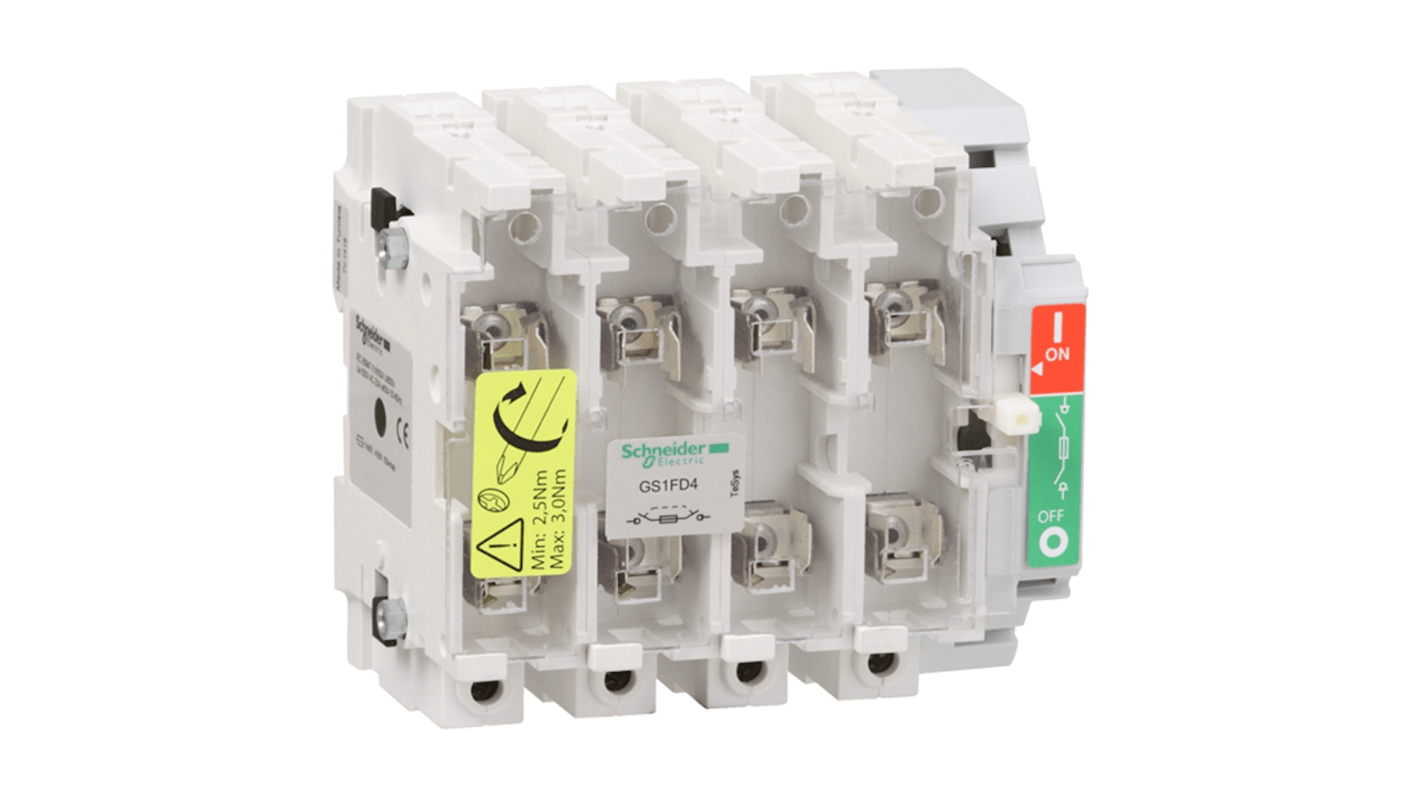 Sezionatore interruttore integrato Schneider Electric GS1FD4, 4 poli, corrente max 50A, design compatto per montaggio su piastra.