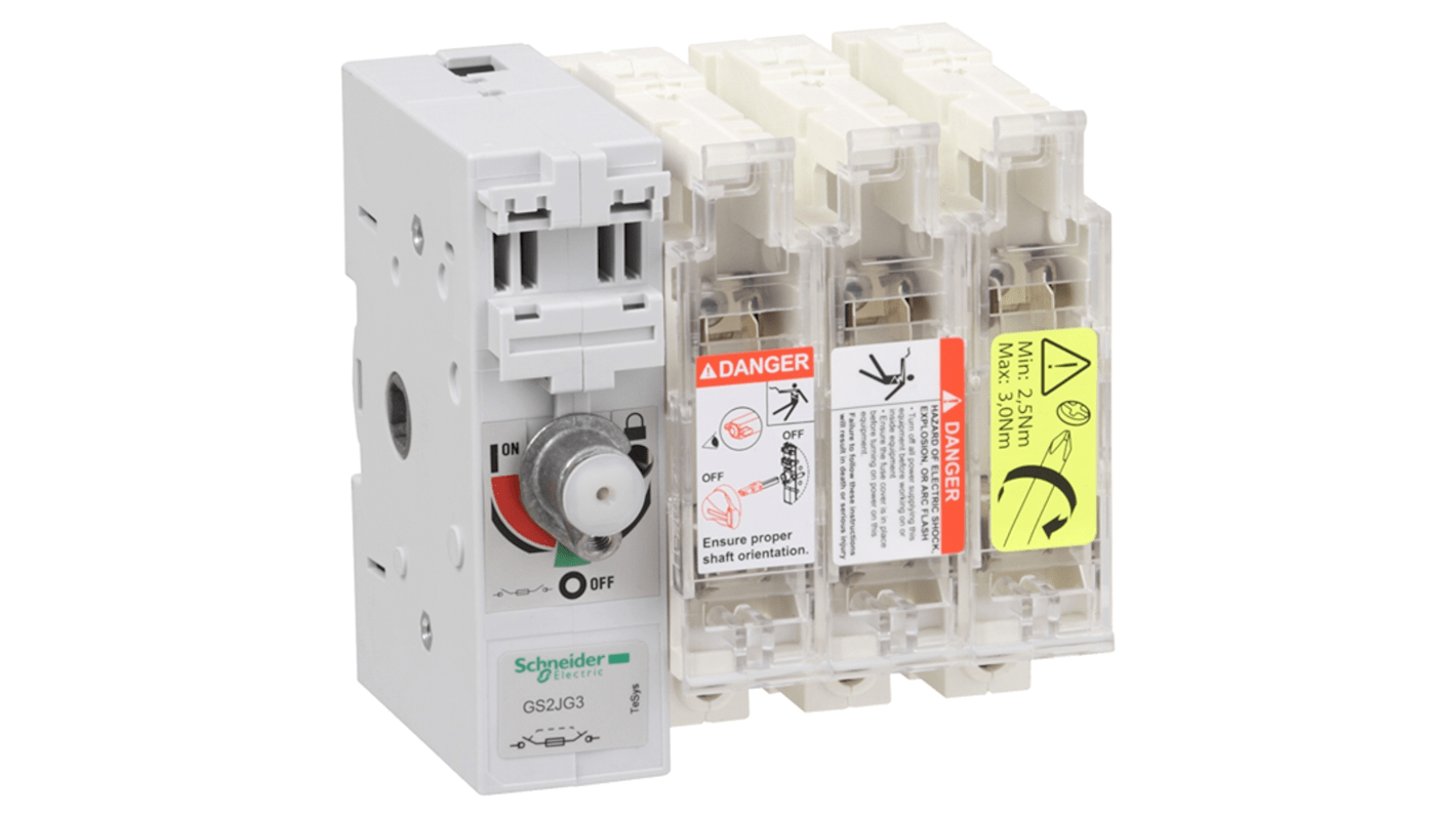 Sezionatore interruttore Schneider Electric GS2JG3, 3 poli, corrente max 100A, design resistente e maniglia esterna.