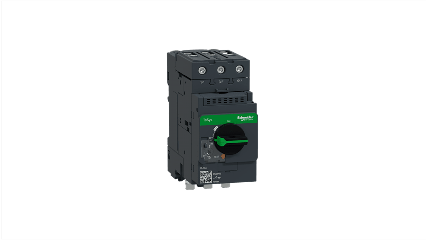 Interruttore automatico del motore Schneider Electric GV3P501, 50 A, design compatto, tecnologia magnetotermica, per reti AC.