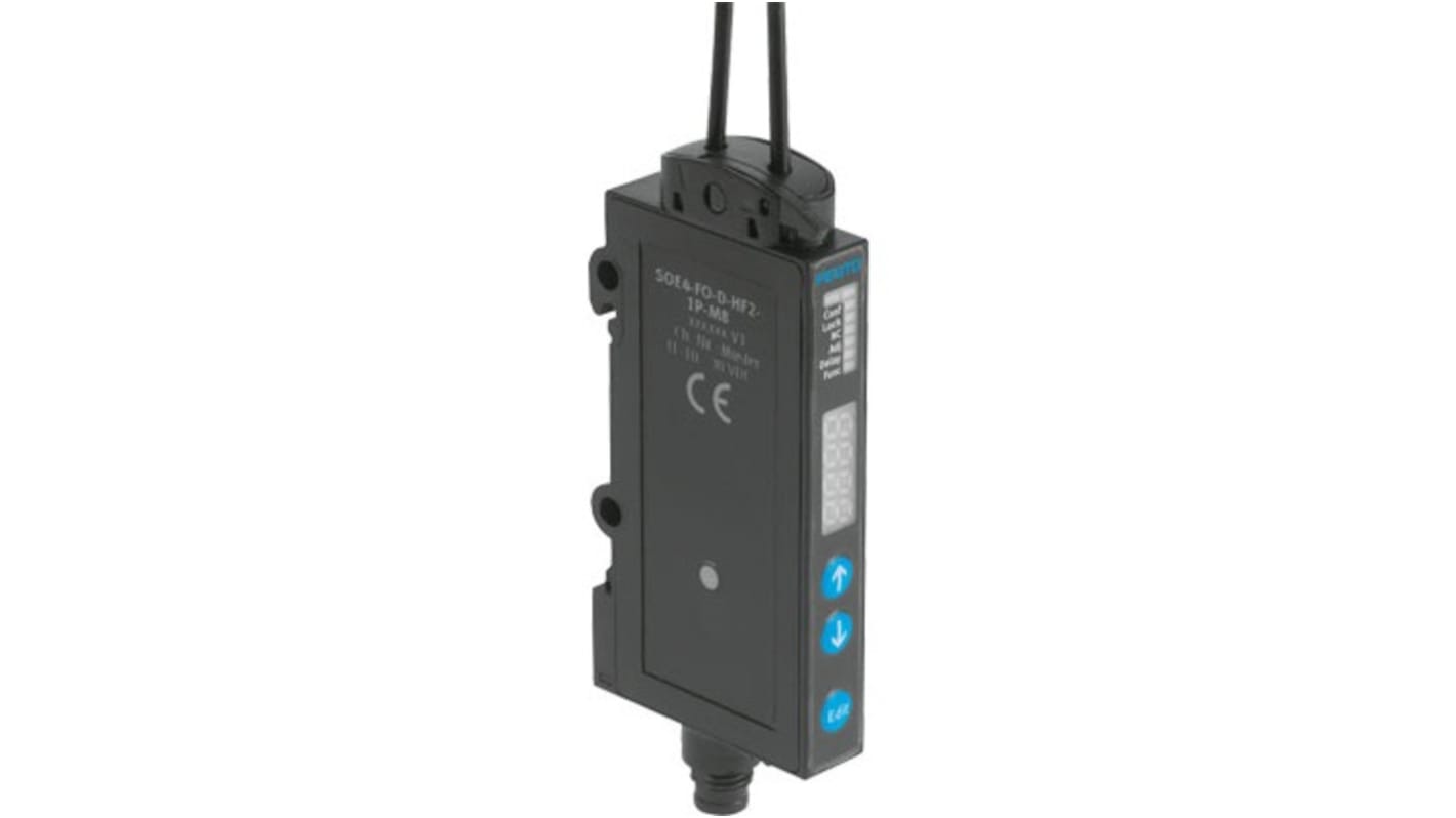 Sensore per fibre ottiche Festo SOE4-FO-D-HF2-1P-M8, PNP, alimentazione 10-30 V, grado di protezione IP64, display LED.