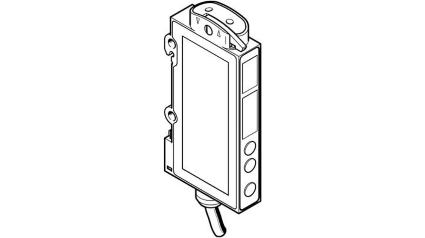 Festo SOE4-FO-D-HF2-1PU-K, sensore PNP per fibre ottiche, tensione 10-30 V CC, grado di protezione IP64, frequenza 125-8000 Hz.