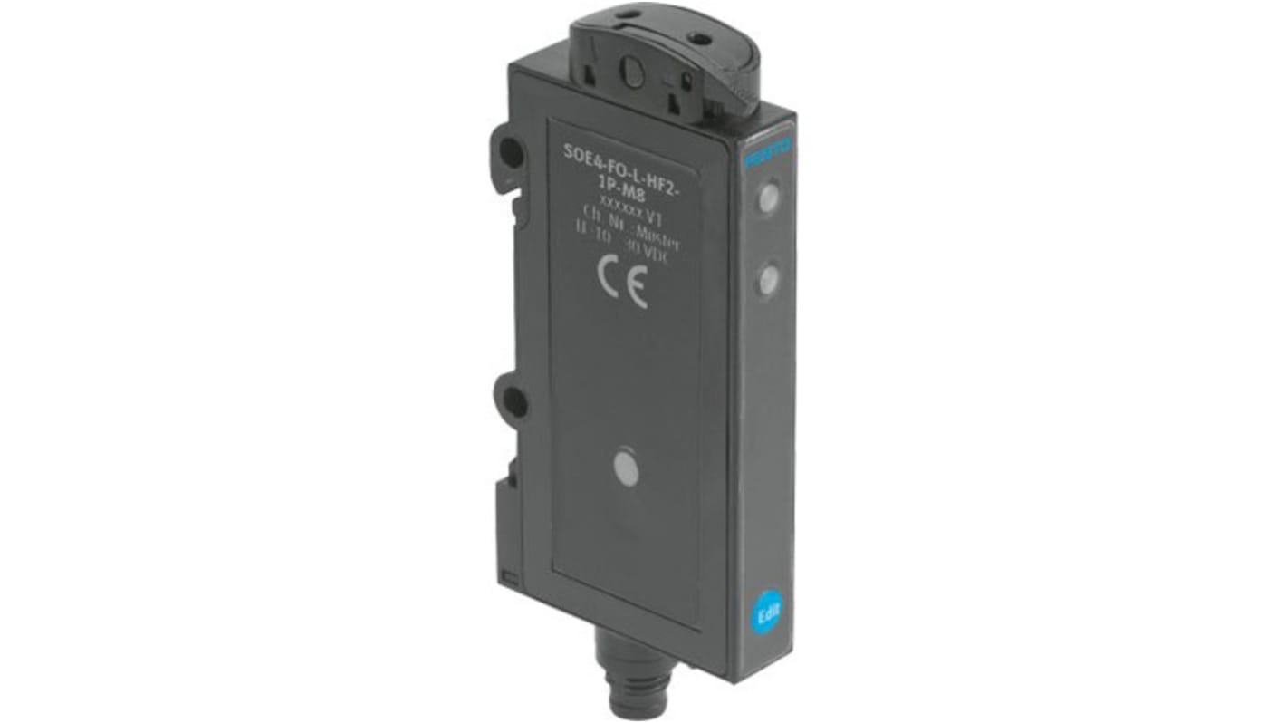 Festo SOE4-FO-L-HF2-1P-M8, sensore PNP per fibre ottiche, IP64, alimentazione 10-30 V, -20 a 60 °C, frequenza 1500 Hz.