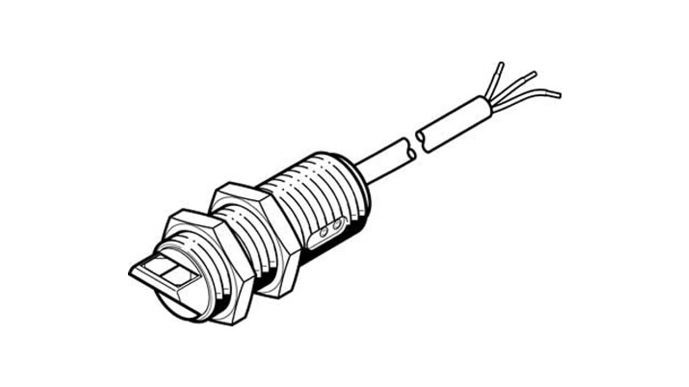 Festo SOEG-E-M18W-PA-K-2L, sensore PNP per fibre ottiche, IP65/IP67, gamma di rilevamento 20000 mm, montaggio con dado di bloccaggio.