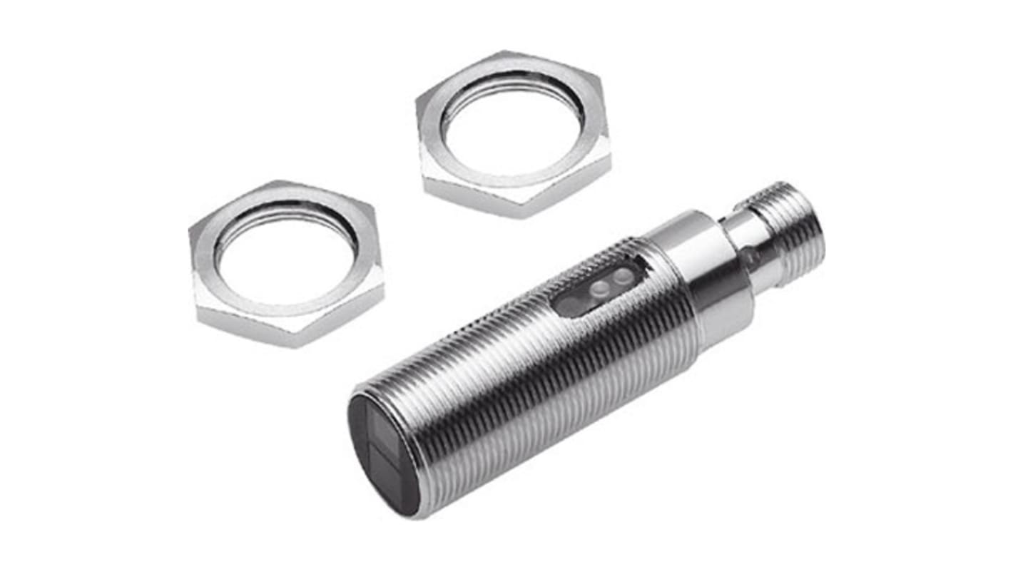 Festo SOEG-RTH-M18-NS-S-2L, sensore fotoelettrico cilindrico a diffusione, rilevamento 10-200 mm, uscita NPN, IP65/IP67.