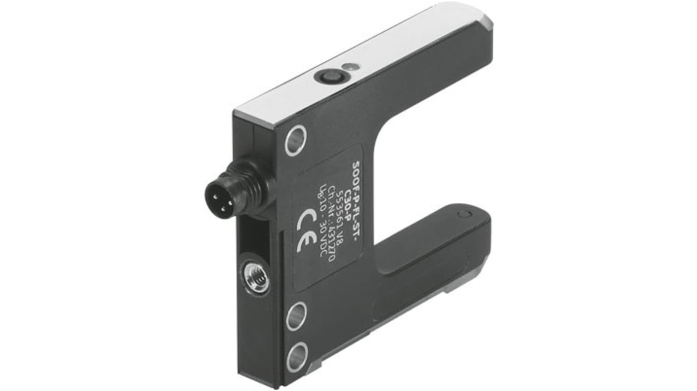 Accessorio di montaggio Festo SOOF-P-FL-ST-C30-P per sensore ottico, grado di protezione IP67, uscita PNP, temperatura -10°C a 60°C.