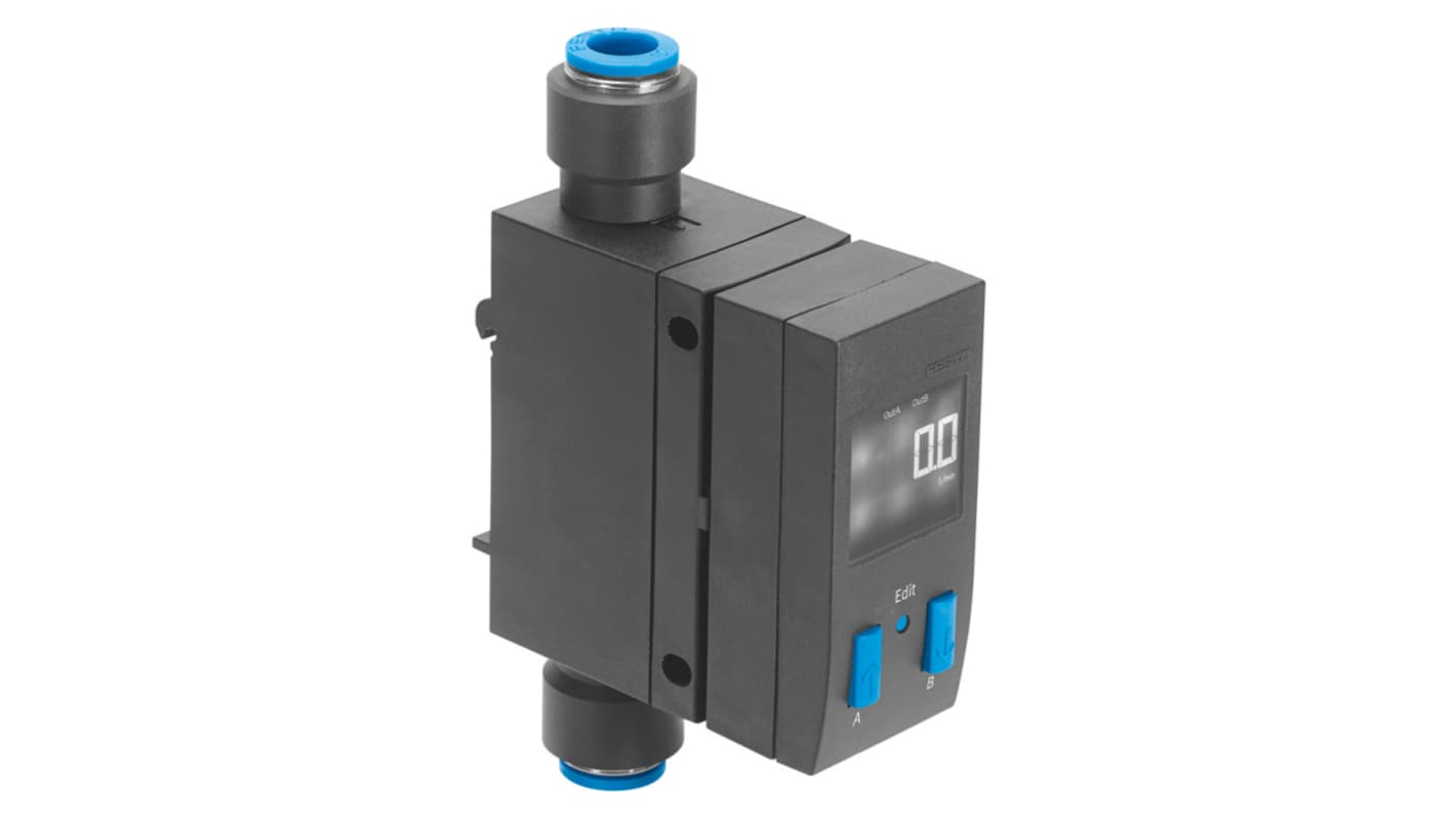 Sensore di flusso Festo SFAB-1000U-WQ10-2SA-M12, portata 10-1000 l/min, alimentazione 15-30 V CC, grado di protezione IP65.