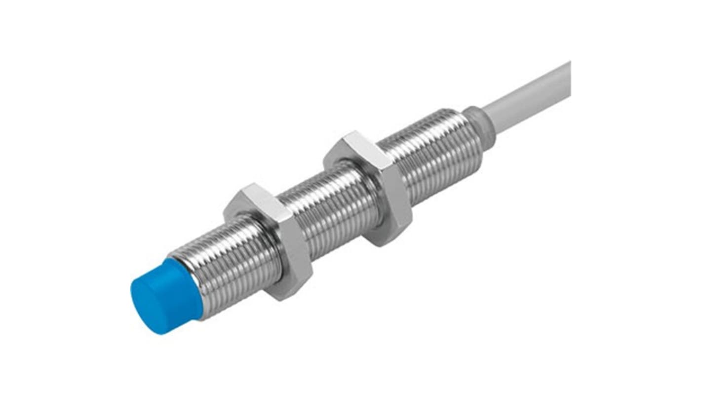 Sensore di prossimità cilindrico NPN M12 Festo SIED-M12NB-ZS-K-L, rilevamento 4 mm, IP67, alloggiamento in ottone.