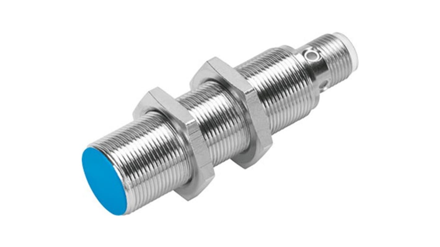 Sensore di prossimità cilindrico Festo SIED-M18B-ZS-S-L, tecnologia induttiva, rilevamento 5 mm, montaggio a filo, grado di protezione IP67.