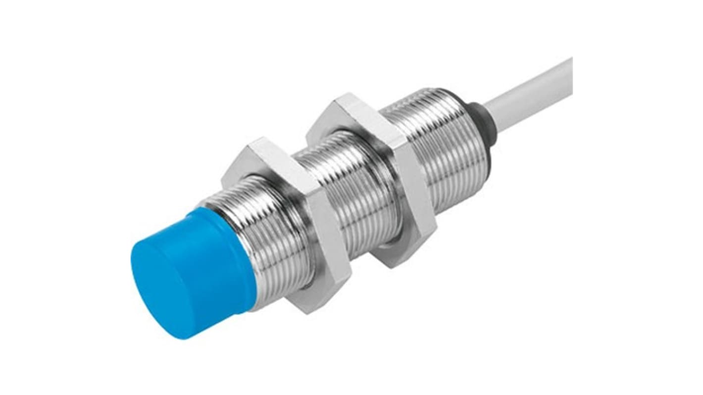 Sensore di prossimità cilindrico Festo SIED-M18NB-ZO-K-L, NPN M18, rilevamento 6,5 mm, IP67, alimentazione 10-300 V.