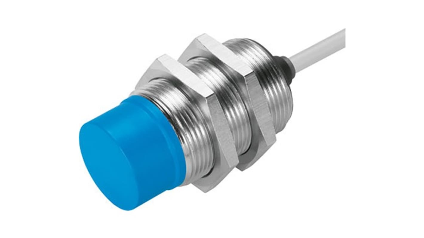Sensore di prossimità cilindrico Festo SIED-M30NB-ZO-K-L, rilevamento 12,15 mm, alimentazione 20-320 V, grado di protezione IP67.