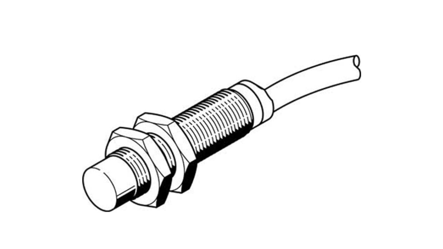 Sensore di prossimità cilindrico Festo SIEF-M12NB-PS-K-L, tecnologia induttiva PNP, rilevamento 8 mm, alimentazione 10-30 V, grado di protezione IP67.