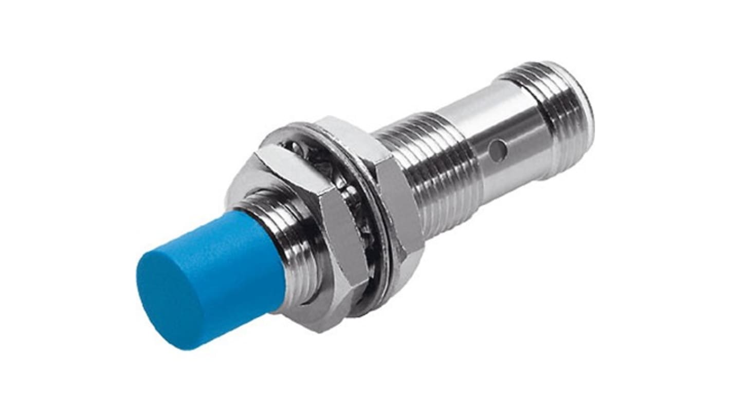 Sensore di prossimità cilindrico PNP M12 Festo SIEF-M12NB-PS-S-L, rilevamento 8 mm, IP67, montaggio parzialmente a incasso.