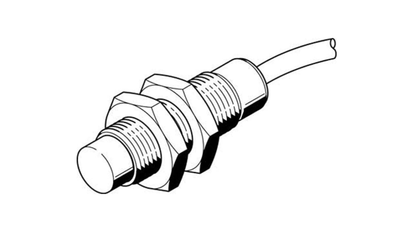 Sensore di prossimità cilindrico Festo SIEF-M18NB-NS-K-L, NPN M18, rilevamento 12 mm, IP67, alimentazione 10-30 V DC.
