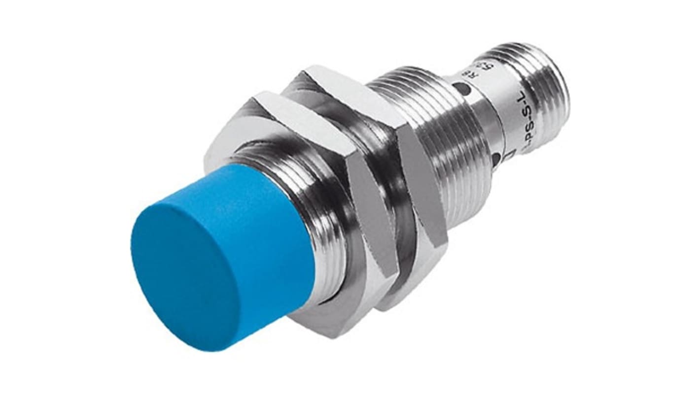 Sensore di prossimità cilindrico Festo SIEF-M18NB-NS-S-L, NPN M12, rilevamento 12 mm, IP67, alimentazione 10-30 V.