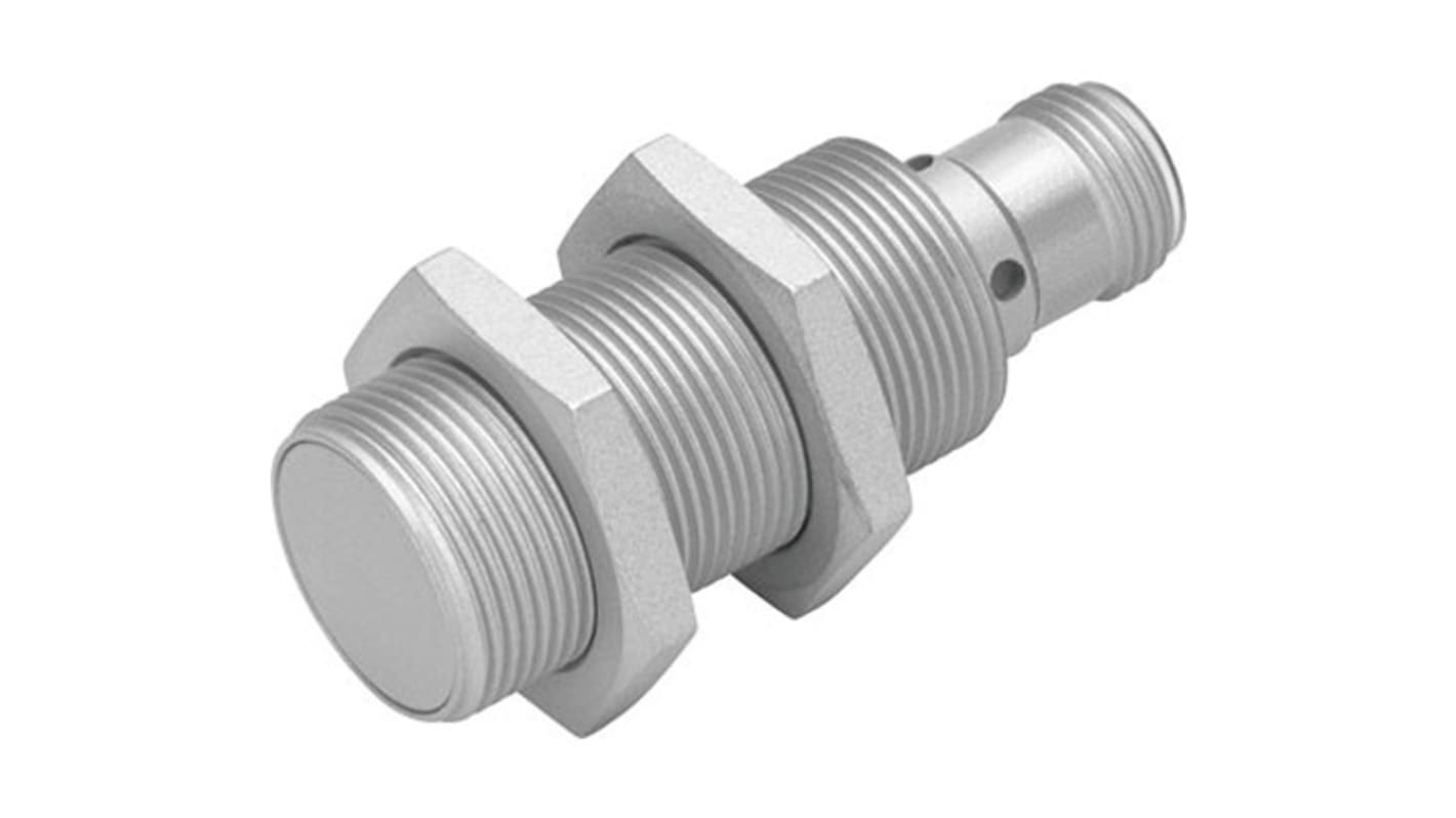 Sensore di prossimità cilindrico Festo SIEF-M18NB-PS-S-L-WA, PNP M18, distanza operativa 12 mm, IP67, alimentazione 10-30 V.