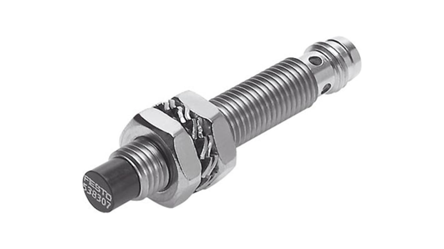 Sensore di prossimità cilindrico Festo SIEF-M8NB-PS-S-L, NPN M8, rilevamento 4 mm, IP67, tensione 10-30 V DC.
