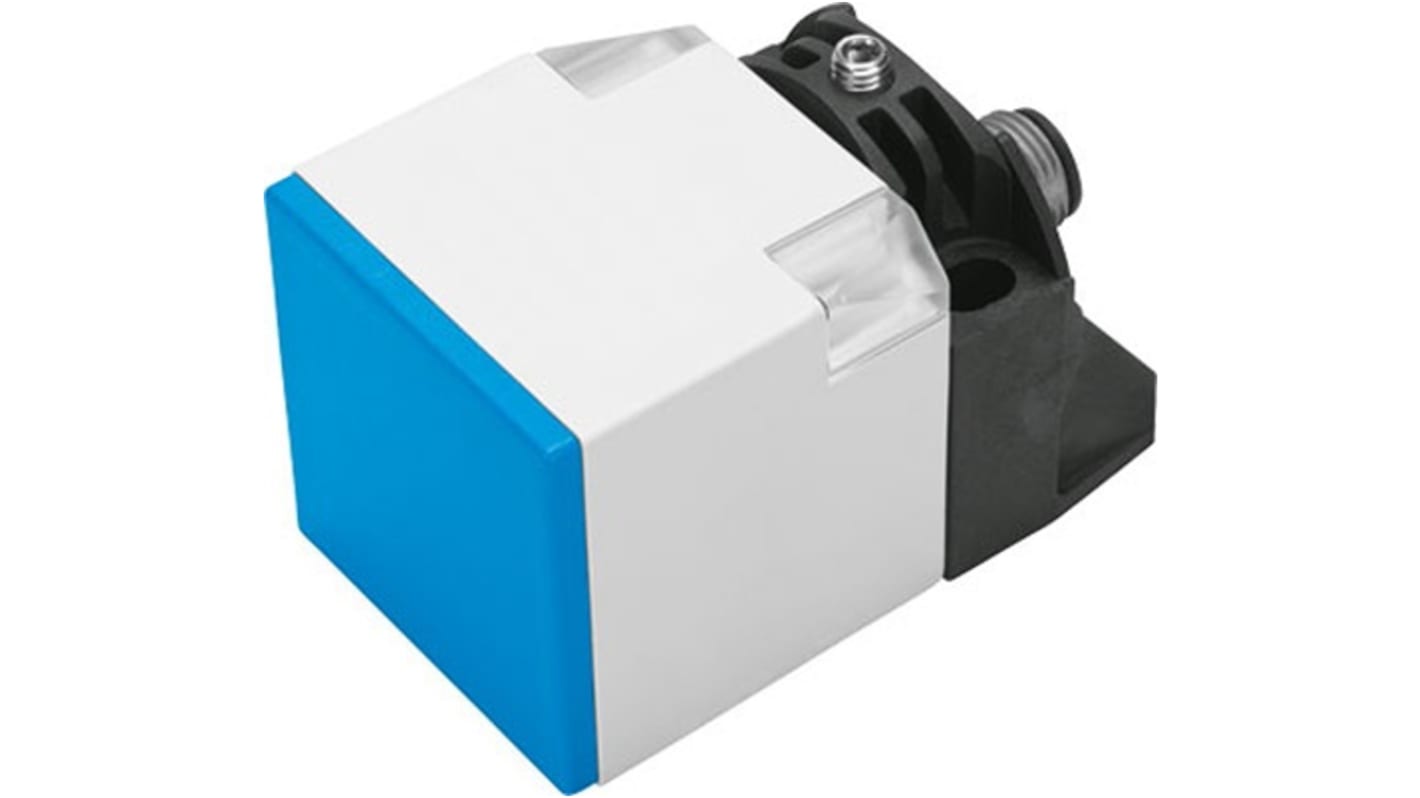 Sensore di prossimità cilindrico Festo SIEF-Q40S-PA-S-2L, PNP M12, distanza operativa 35 mm, IP67, dimensioni 40x40x65 mm.