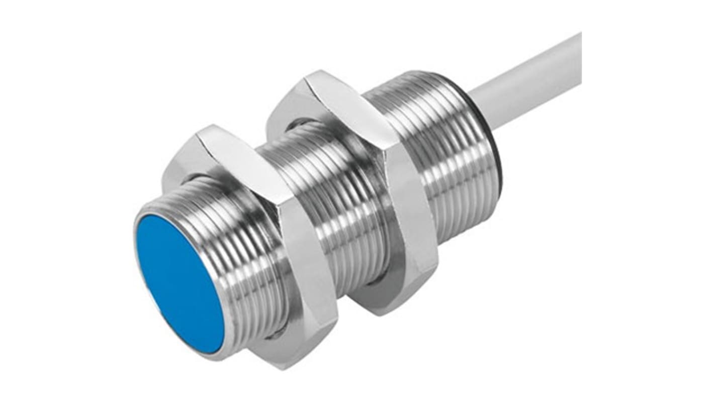 Sensore di prossimità cilindrico Festo SIEH-M18B-NS-K-L-CR, NPN M18, rilevamento 10 mm, IP67, cavo a 3 fili.