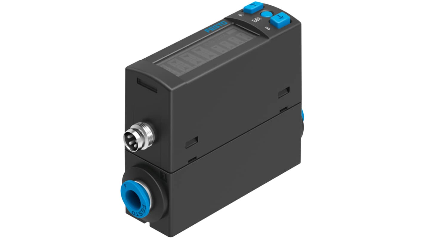 Sensore di flusso Festo SFAH-10U-Q6S-PNLK-PNVBA-M8 per aria, portata 0,2-10 l/min, alimentazione 26 V CC.