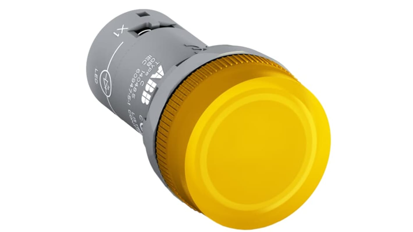 ABB, lampada pilota LED gialla rotonda, tensione 24 V, protezione IP66/IP67/IP69K, facile installazione. Codice 1SFA619403R5023.