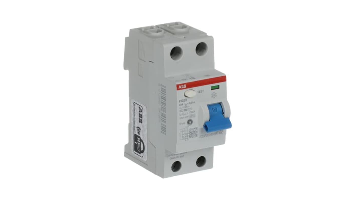 Interruttore differenziale ABB Tipo B, 2 poli, 40A, 30mA, tensione 230V, design ecologico, serie F200. Codice 2CSF202568R1400.