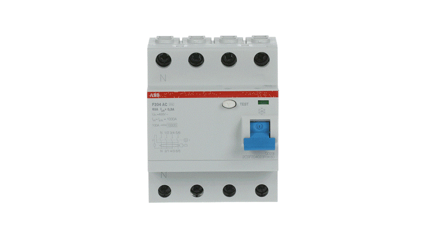 Interruttore differenziale ABB F200 4 poli, 63 A, 300 mA, per impianti industriali e commerciali, codice 2CSF204023R3630.