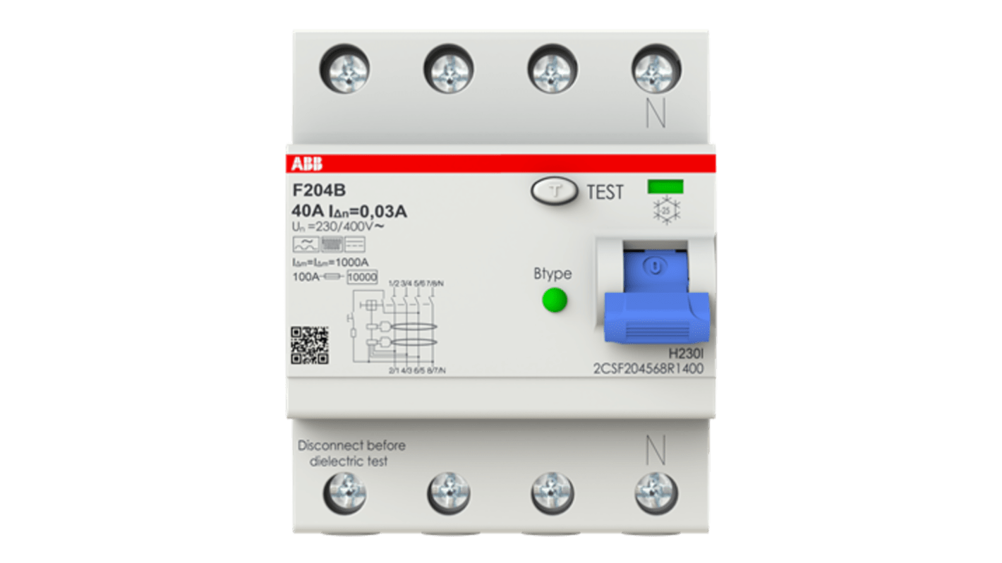 Interruttore differenziale ABB Tipo B, 4 poli, 40A, 30mA, 230/400V, design ecocompatibile, codice 2CSF204568R1400.