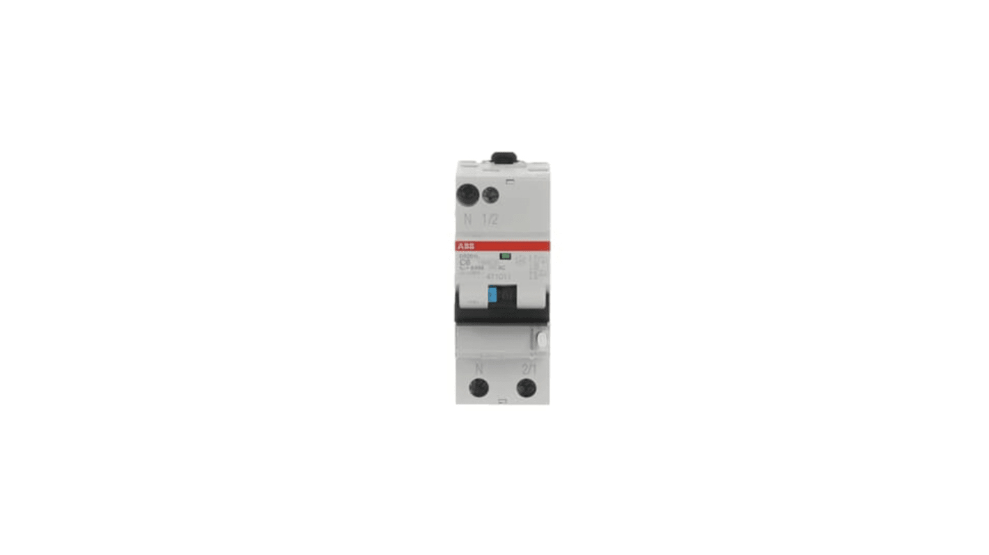Interruttore differenziale ABB DS201 1P+N, 30 mA, Tipo C, 6A, 230/400V, progettato per installazioni con neutro a sinistra.