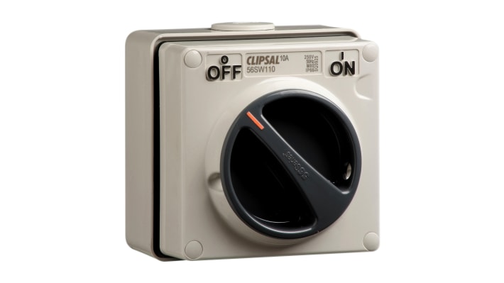 Interruttore di isolamento Schneider Electric 1P, 250V, IP66, montaggio su superficie, dimensioni 107x101x83mm, maniglia grigia.