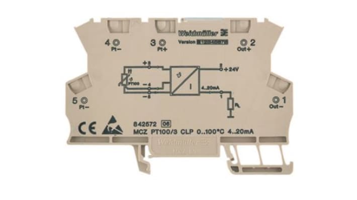 Condizionatore di segnale Weidmüller ACT20X, montaggio su guida DIN, trasduttore PT100, uscita 4-20 mA, dimensioni 91 x 63,2 x 6 mm.