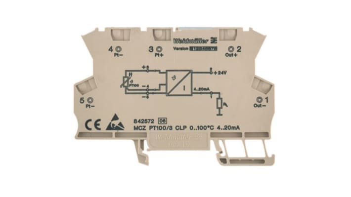 Condizionatore di segnale Weidmüller ACT20X, trasduttore PT100, montaggio su guida DIN, uscita 4-20mA, larghezza 6mm.