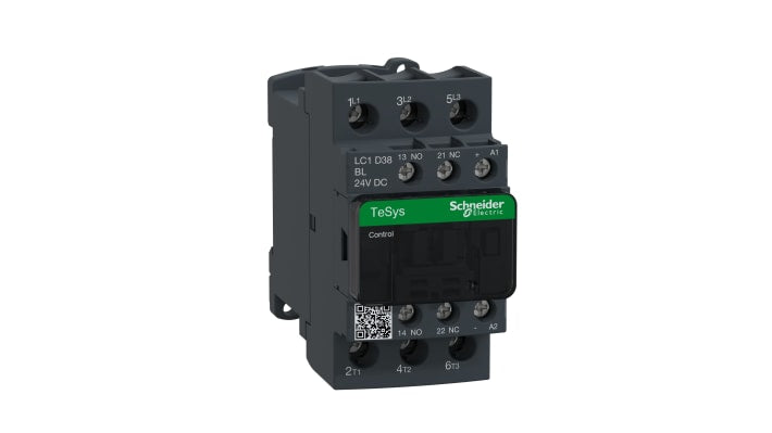 Contattore Schneider Electric LC1D38BL, 3 poli, 38A, 18,5 kW, bobina 24V c.c. Resistente alle vibrazioni, ideale per applicazioni industriali.