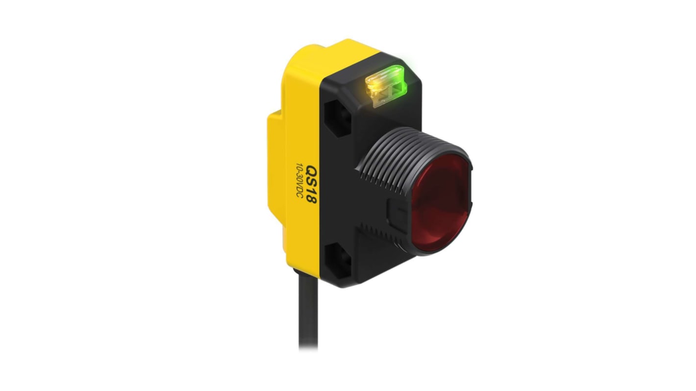 Sensore fotoelettrico rettangolare Banner QS186E, rilevamento fino a 20 m, uscita PNP, grado di protezione IP67.