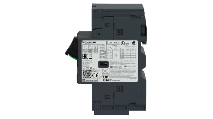 Interruttore automatico motore Schneider Electric GV2ME143, 6-10 A, 690 V, 3 poli, tecnologia termico-magnetica, dimensioni 101x45x78.5 mm.