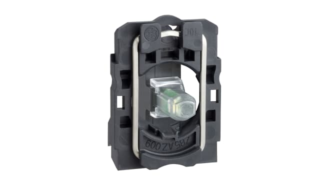 Blocco luminoso LED bianco Schneider Electric, tensione 24V, corrente 18mA, durata 100000 ore, montaggio con collare incluso.